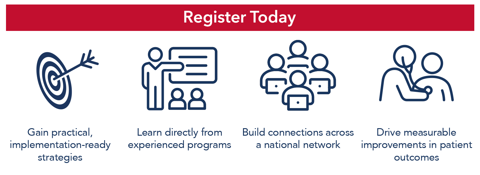 Gain practical, implementation-ready strategies, Learn directly from experienced programs, Build connections across a national network, and Drive measurable improvements in patient outcomes