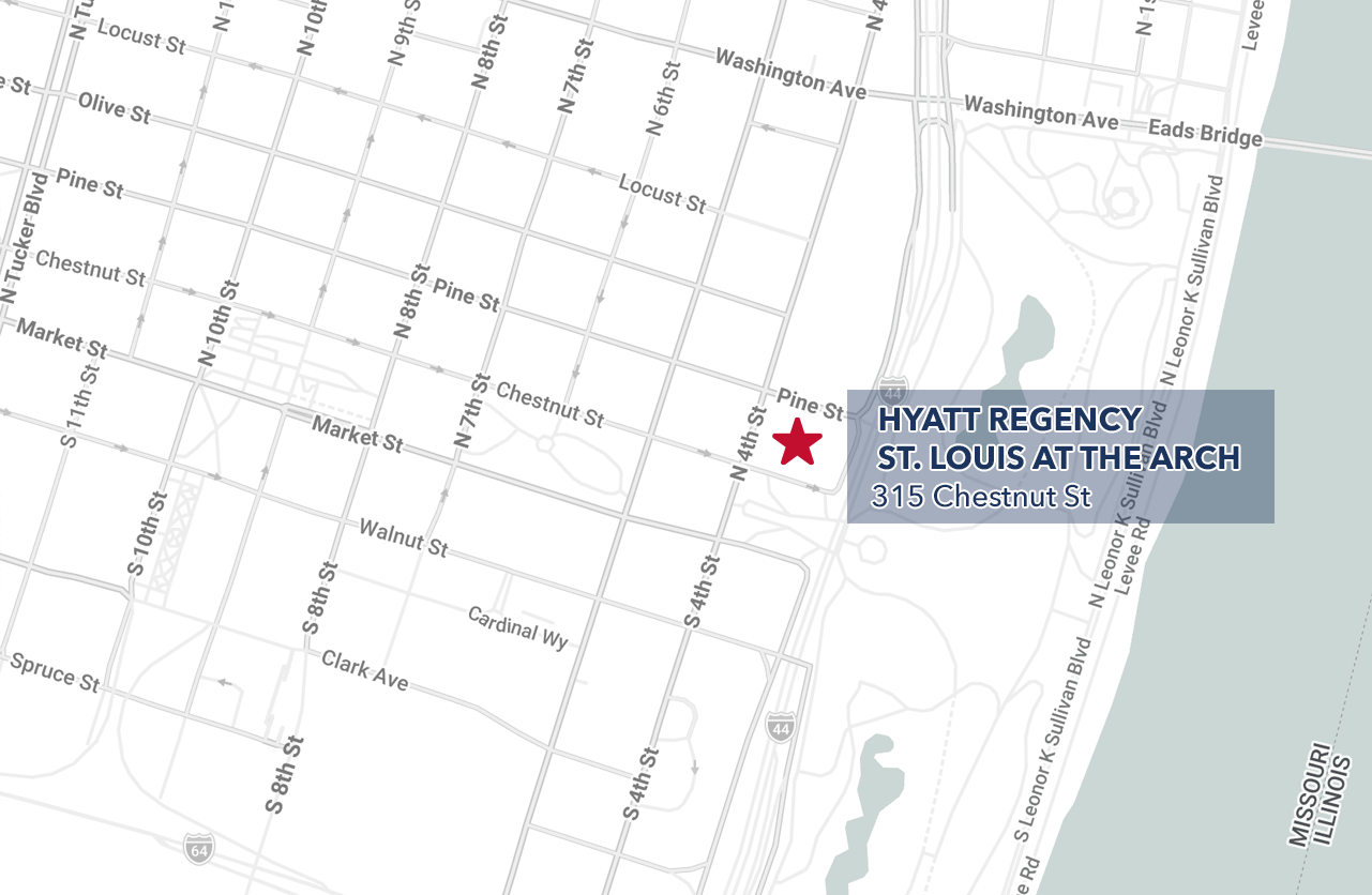 A map of downtown St Louis showing the Hyatt Regency St Louis at the Arch, 315 Chestnut Street