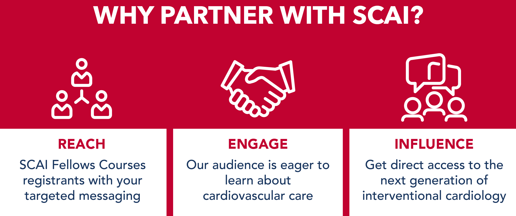 Why partner with SCAI? Reach SCAI Fellows Courses Registrants With Your Targeted Messaging. Engage: Our audience is eager to learn about cardiovascular care. Influence: Get direct access to the next generation of interventional cardiology.