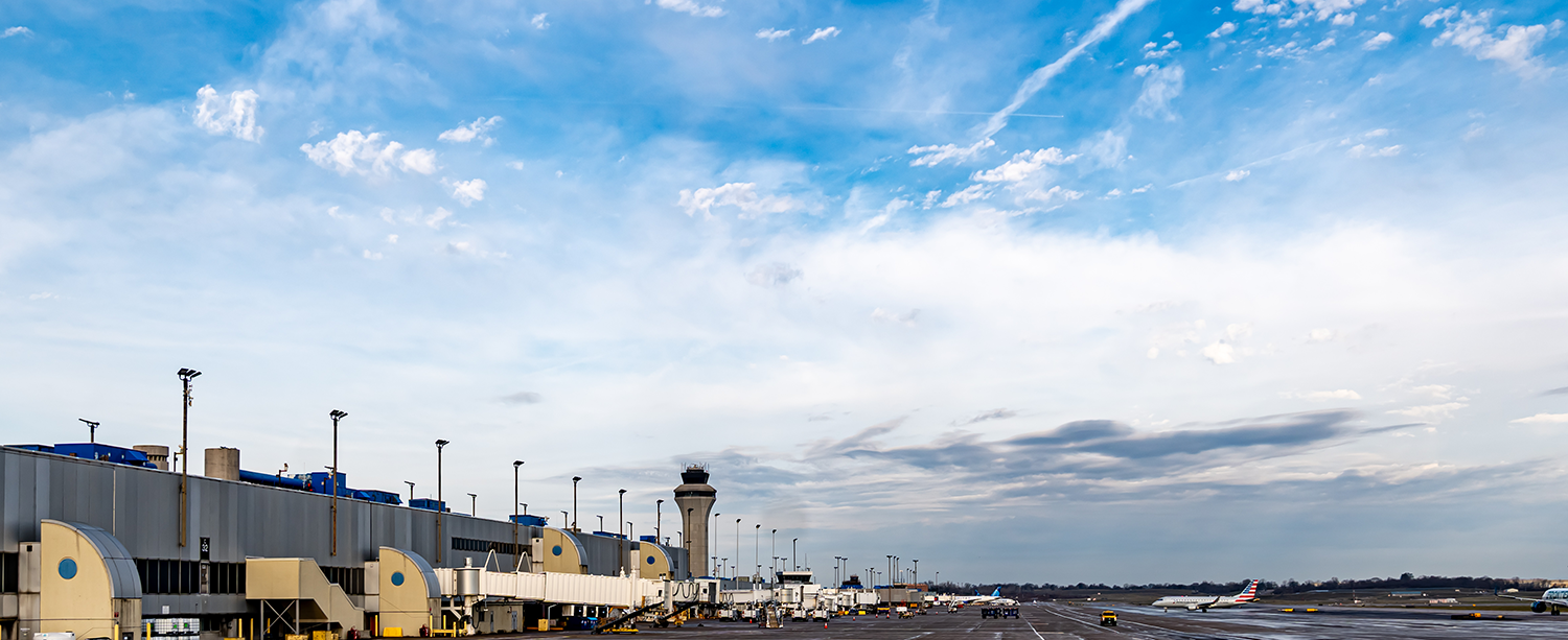 An image of the St Louis airport and blue sky